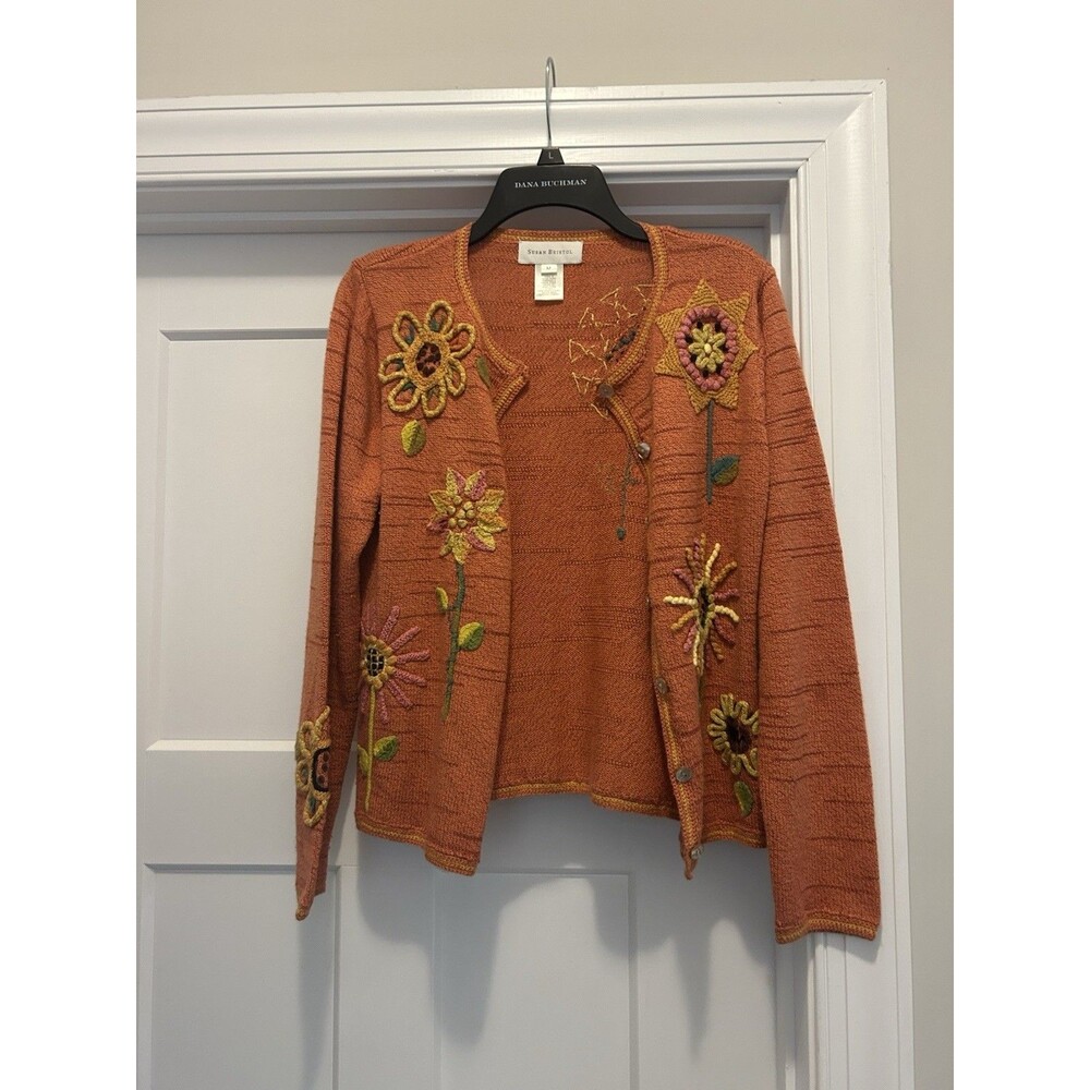 Susan Bristol VTG ‘03 Hand Embroidered Orange Sweater Cardigan Sunflowers Size M